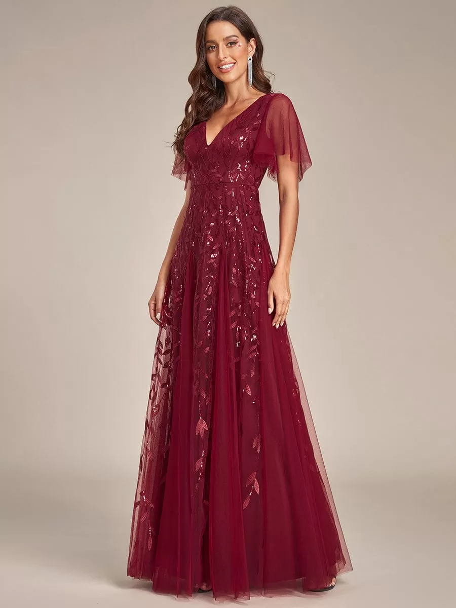 Shimmery V Neck Ruffle Sleeves Sequin Maxi Long Evening Dress