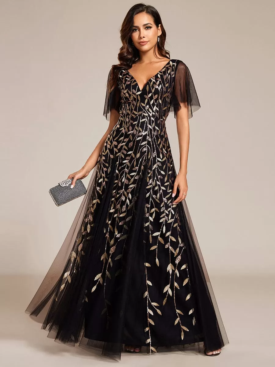 Shimmery V Neck Ruffle Sleeves Sequin Maxi Long Evening Dress