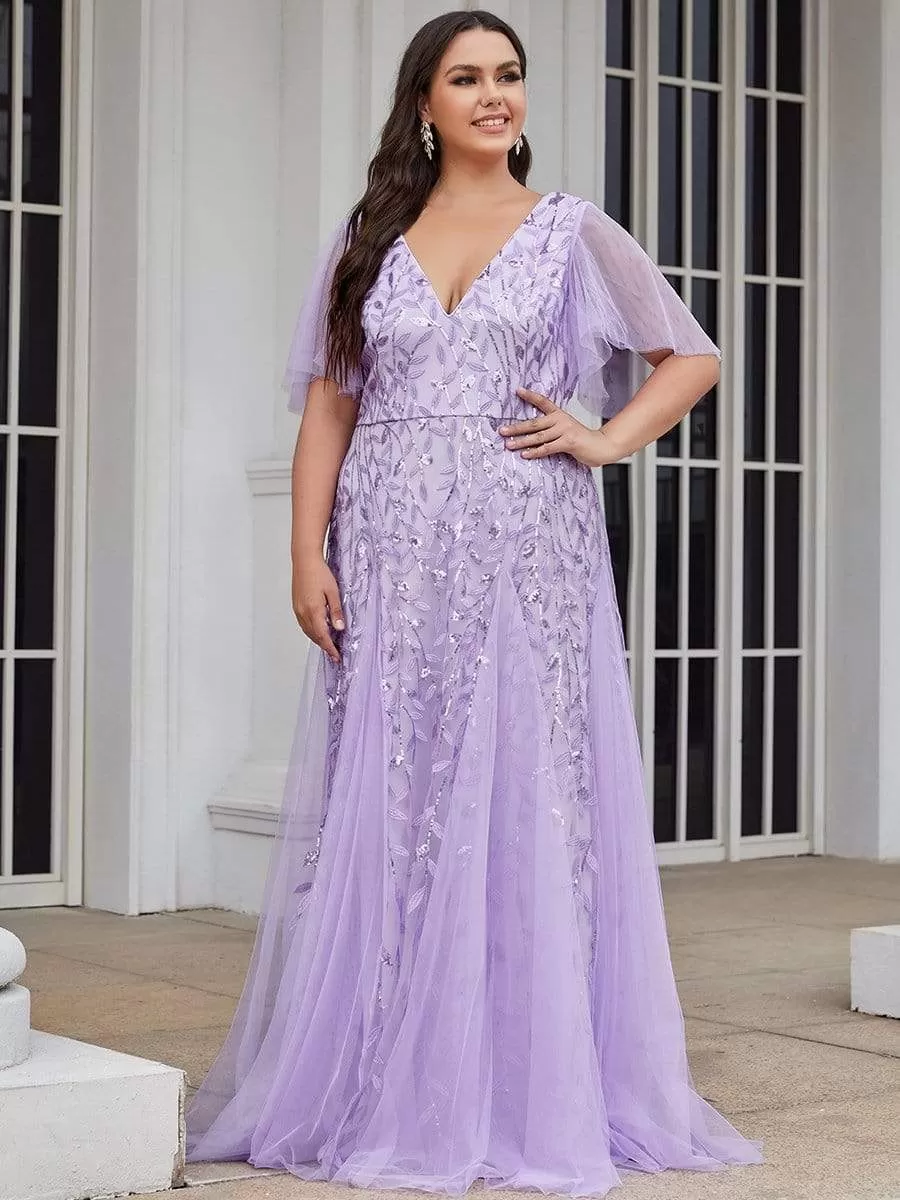 Shimmery V Neck Ruffle Sleeves Sequin Maxi Long Evening Dress