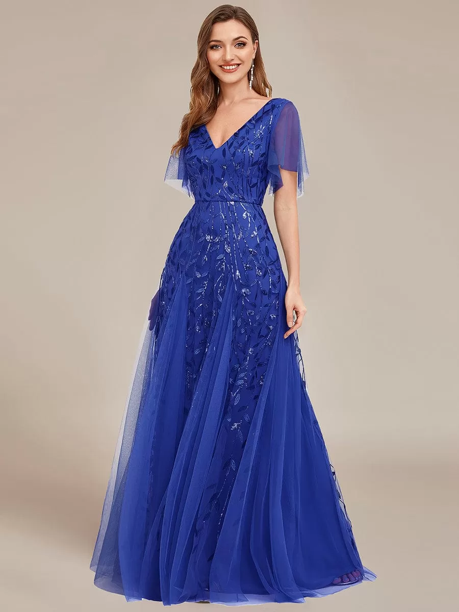 Shimmery V Neck Ruffle Sleeves Sequin Maxi Long Evening Dress