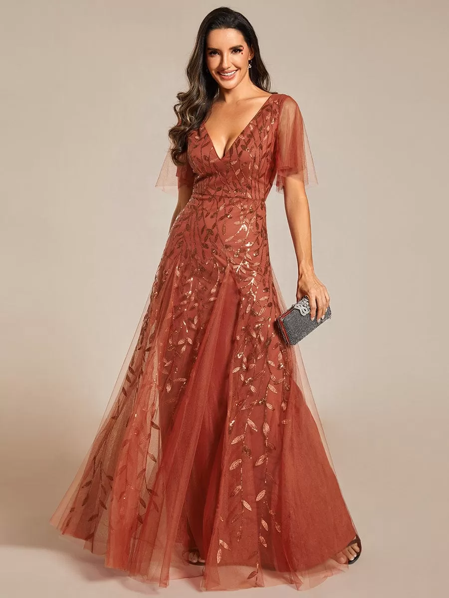 Shimmery V Neck Ruffle Sleeves Sequin Maxi Long Evening Dress