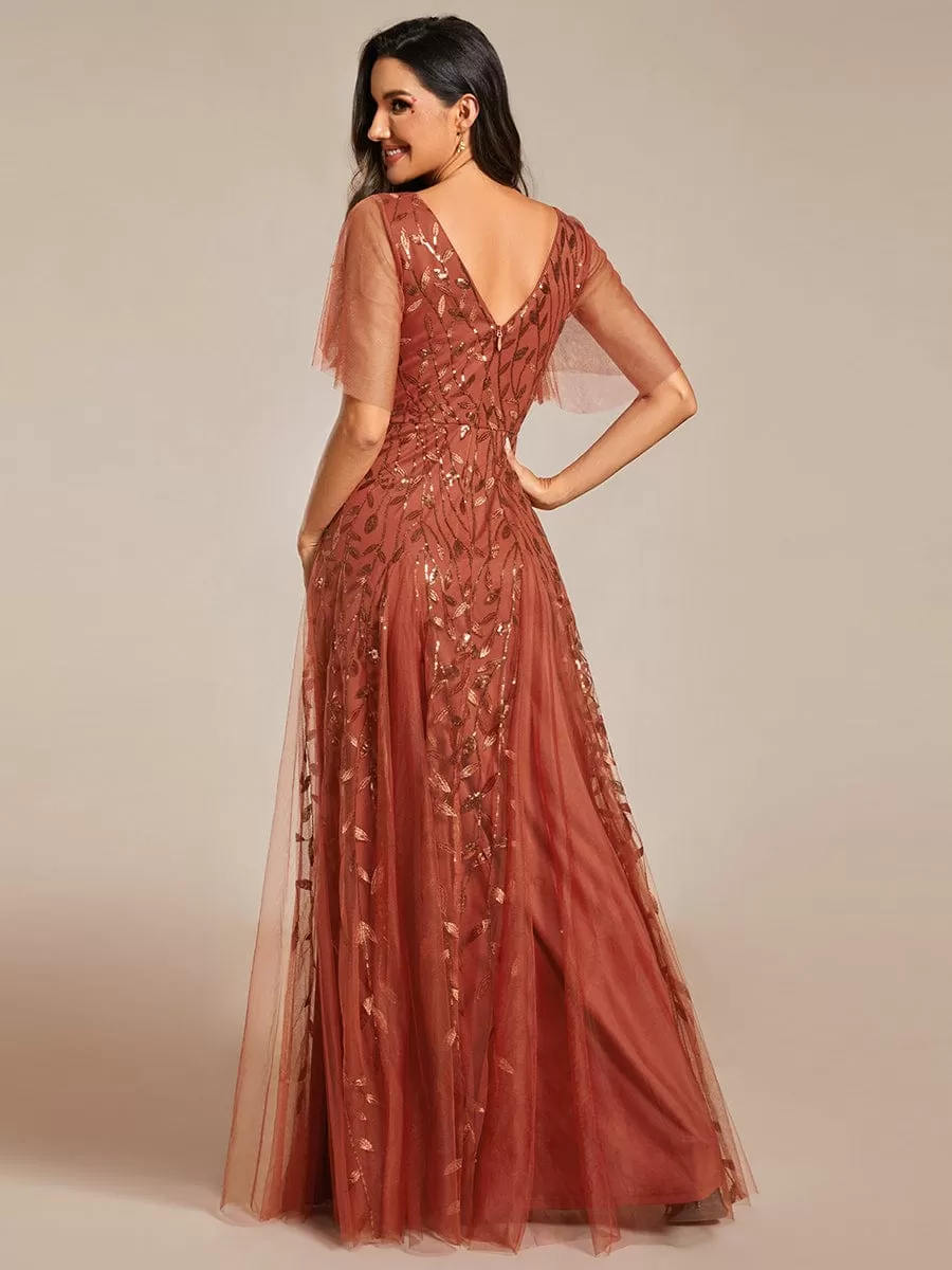 Shimmery V Neck Ruffle Sleeves Sequin Maxi Long Evening Dress