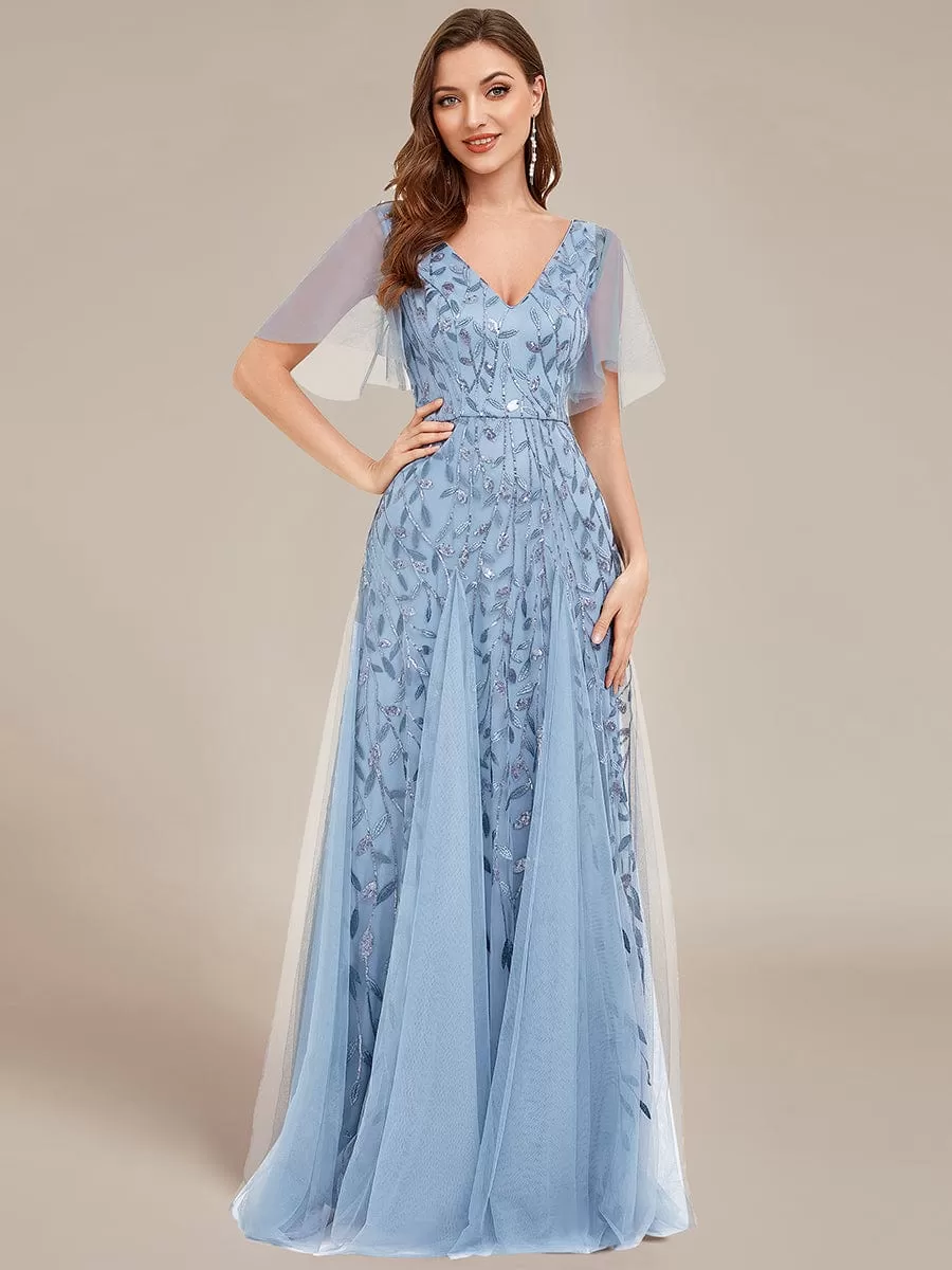 Shimmery V Neck Ruffle Sleeves Sequin Maxi Long Evening Dress