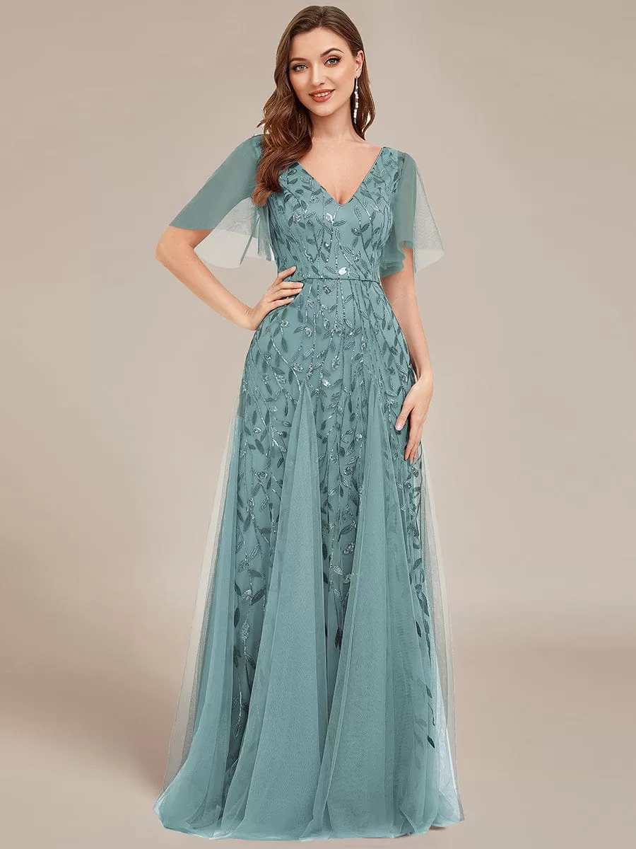 Shimmery V Neck Ruffle Sleeves Sequin Maxi Long Evening Dress