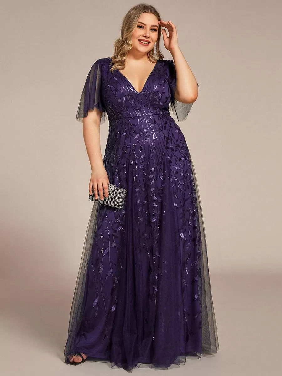 Shimmery V Neck Ruffle Sleeves Sequin Maxi Long Evening Dress