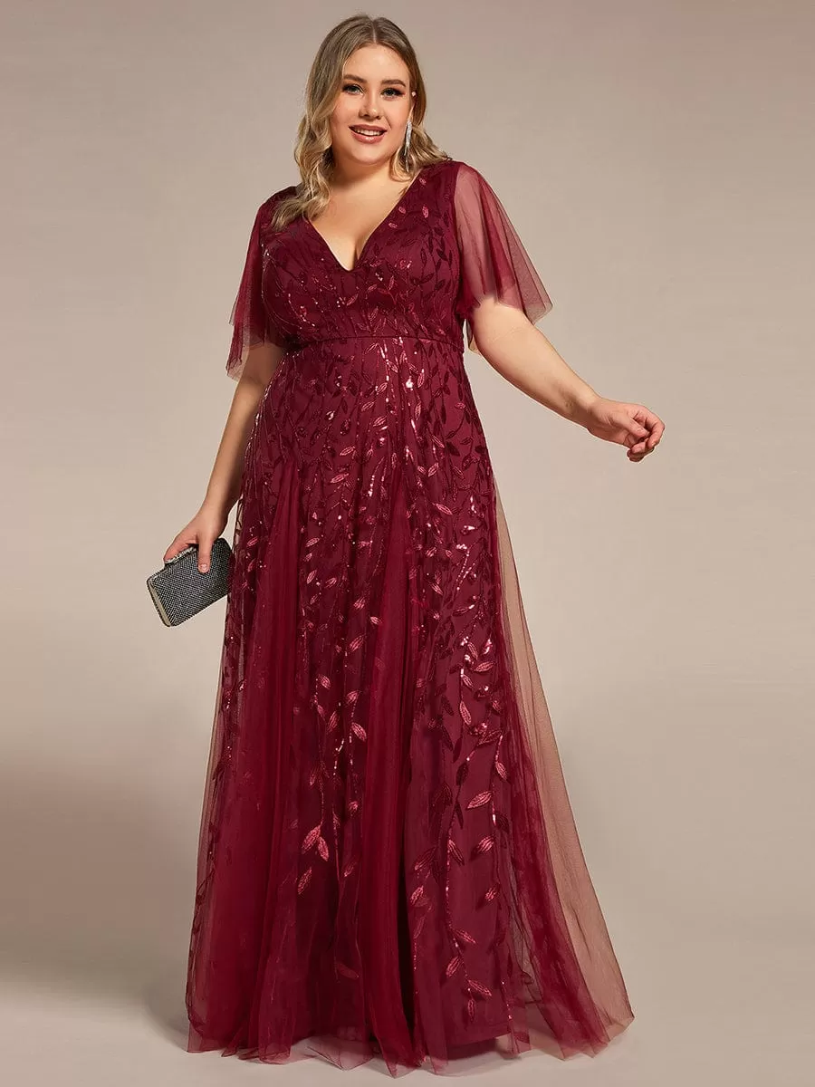 Shimmery V Neck Ruffle Sleeves Sequin Maxi Long Evening Dress