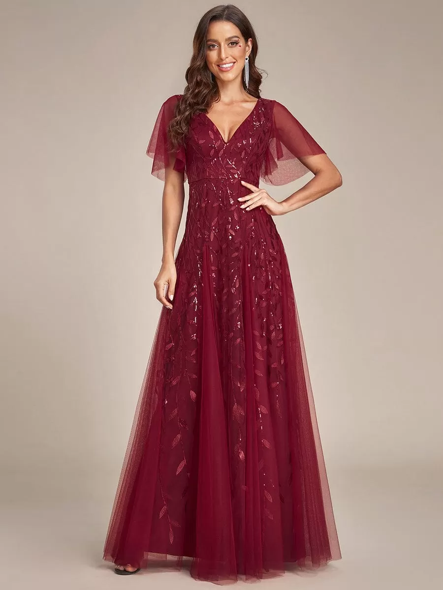 Shimmery V Neck Ruffle Sleeves Sequin Maxi Long Evening Dress