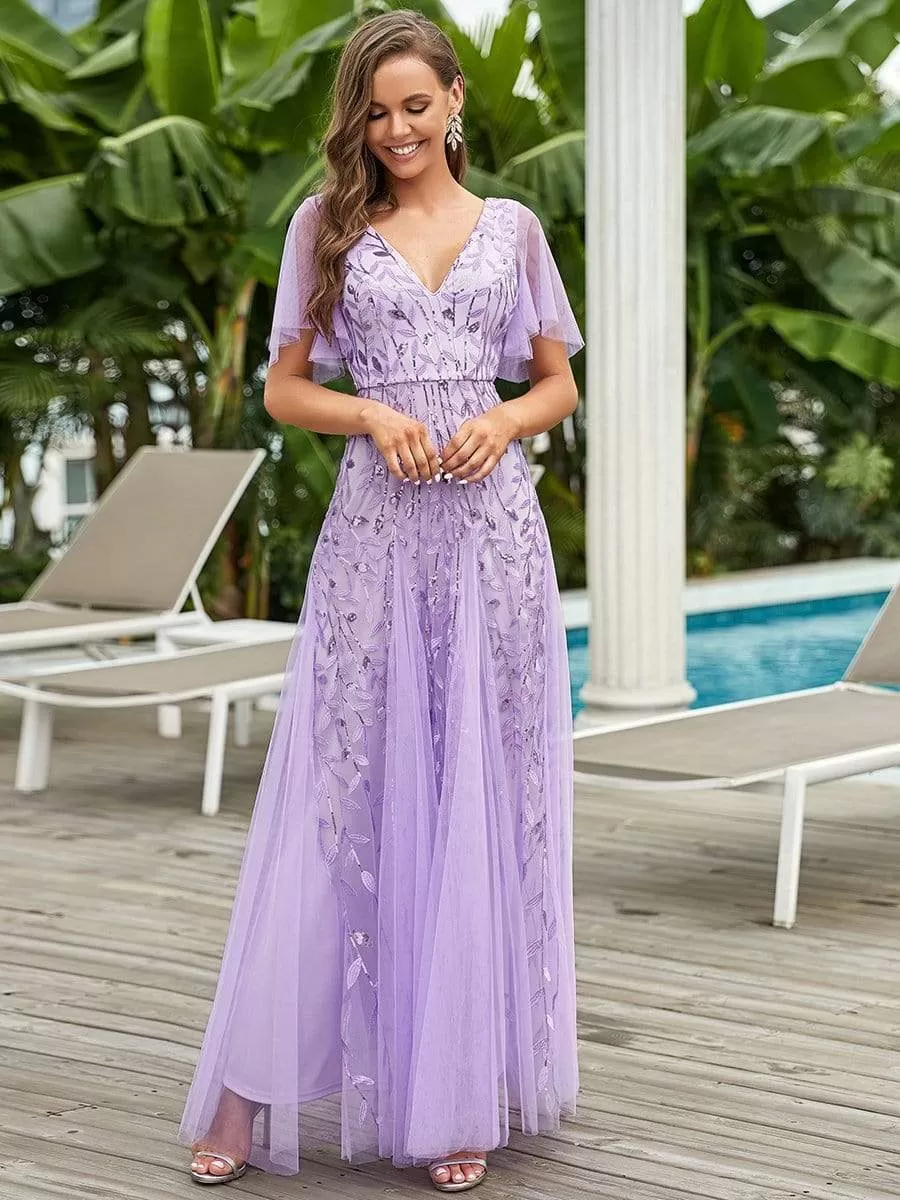 Shimmery V Neck Ruffle Sleeves Sequin Maxi Long Evening Dress