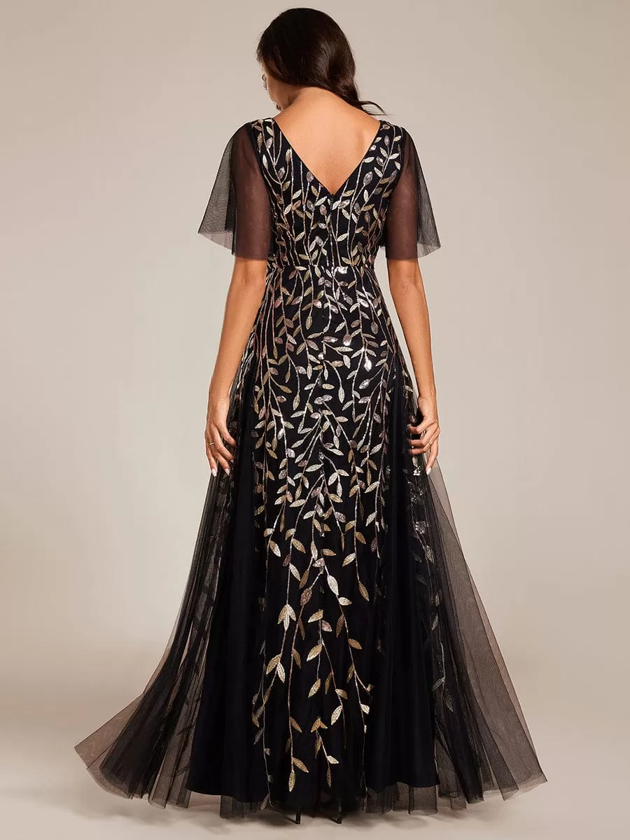 Shimmery V Neck Ruffle Sleeves Sequin Maxi Long Evening Dress