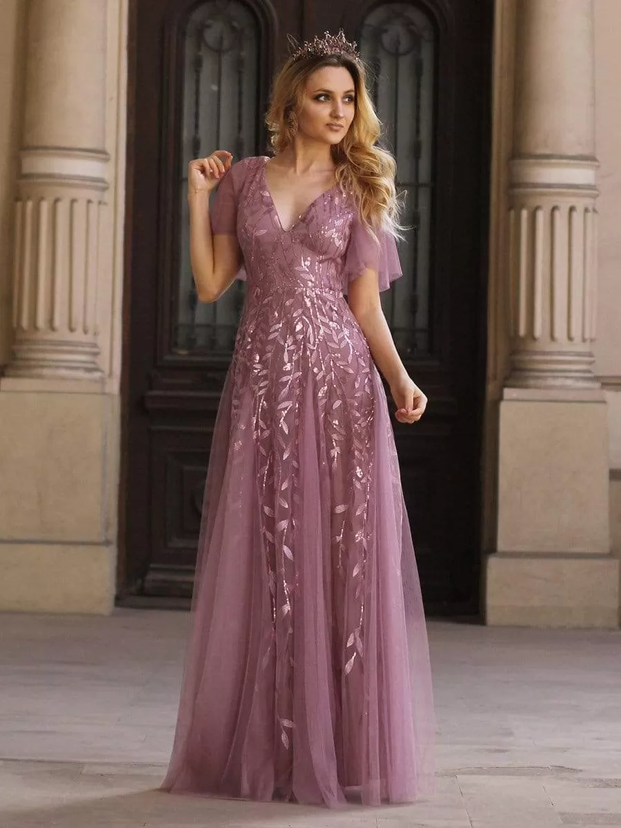 Shimmery V Neck Ruffle Sleeves Sequin Maxi Long Evening Dress