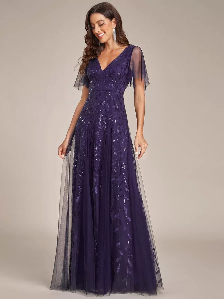 Shimmery V Neck Ruffle Sleeves Sequin Maxi Long Evening Dress