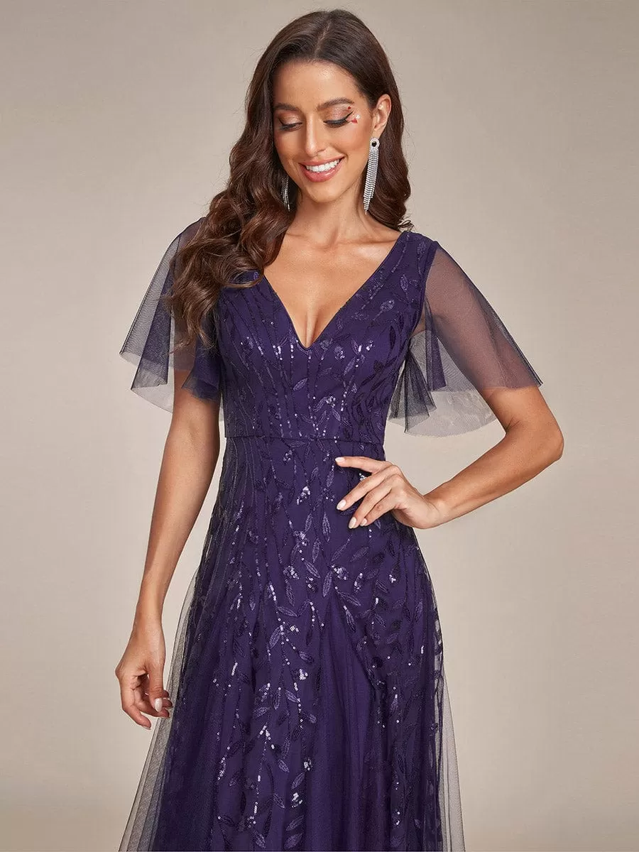 Shimmery V Neck Ruffle Sleeves Sequin Maxi Long Evening Dress