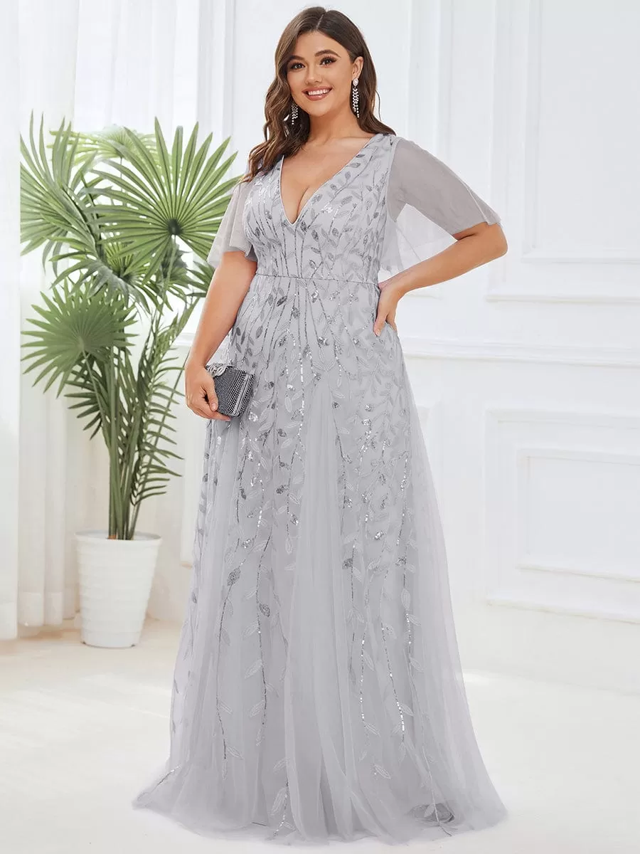 Shimmery V Neck Ruffle Sleeves Sequin Maxi Long Evening Dress