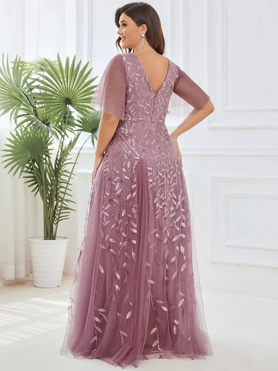 Shimmery V Neck Ruffle Sleeves Sequin Maxi Long Evening Dress