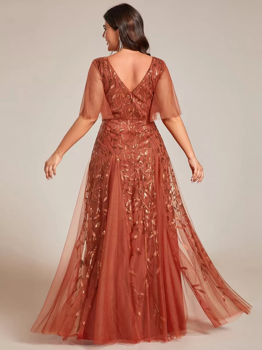 Shimmery V Neck Ruffle Sleeves Sequin Maxi Long Evening Dress