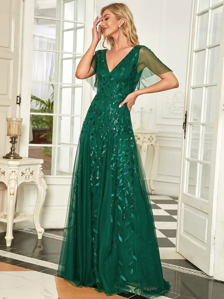 Shimmery V Neck Ruffle Sleeves Sequin Maxi Long Evening Dress