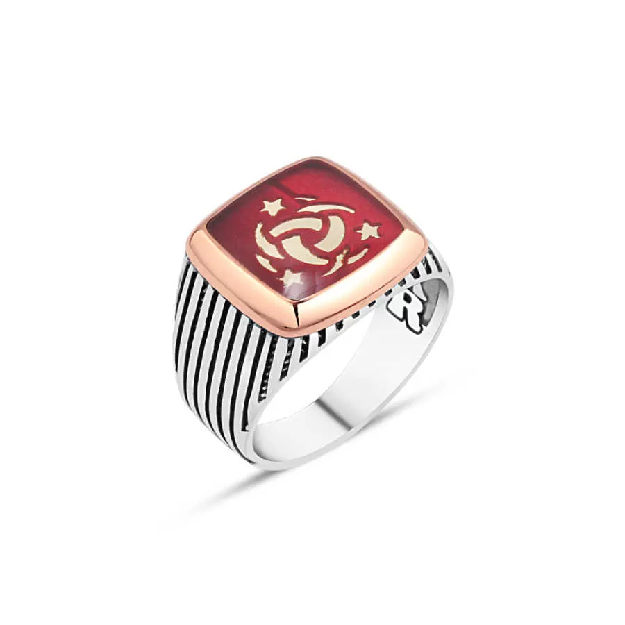 Special Cooperation Symbol on Red Enamel Square Silver Men's Ring with Stripe Pattern