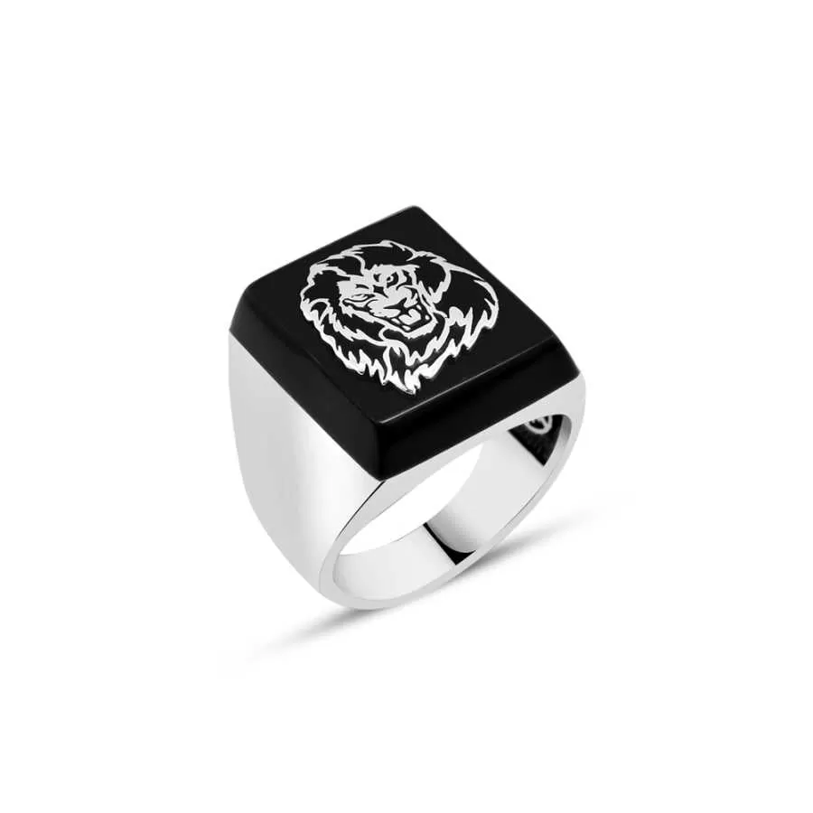 Square Onyx Stone with Lion Symbol Silver Men's Ring