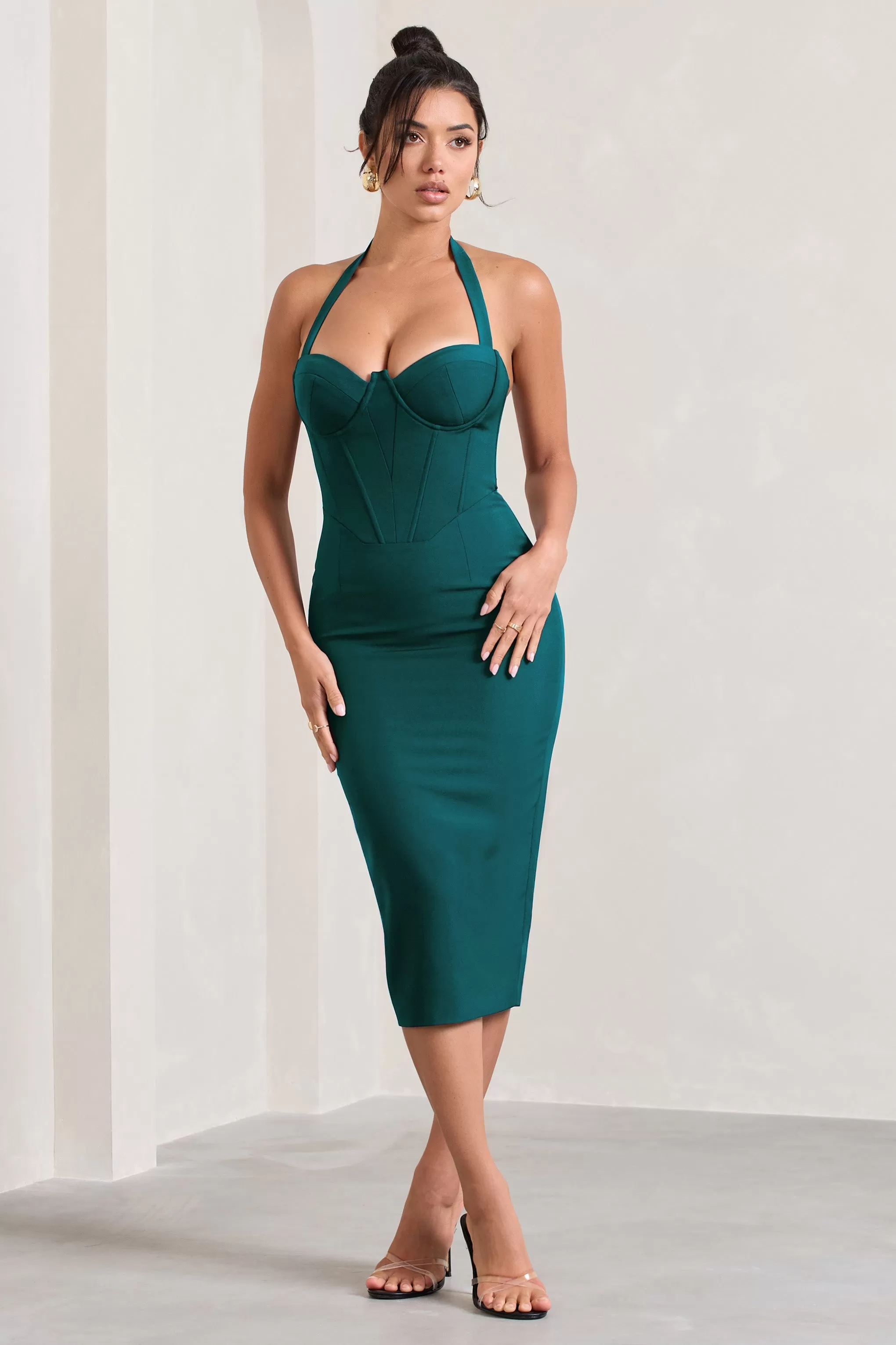 Supermodel | Bottle Green Halter-Neck Corset Midi Dress