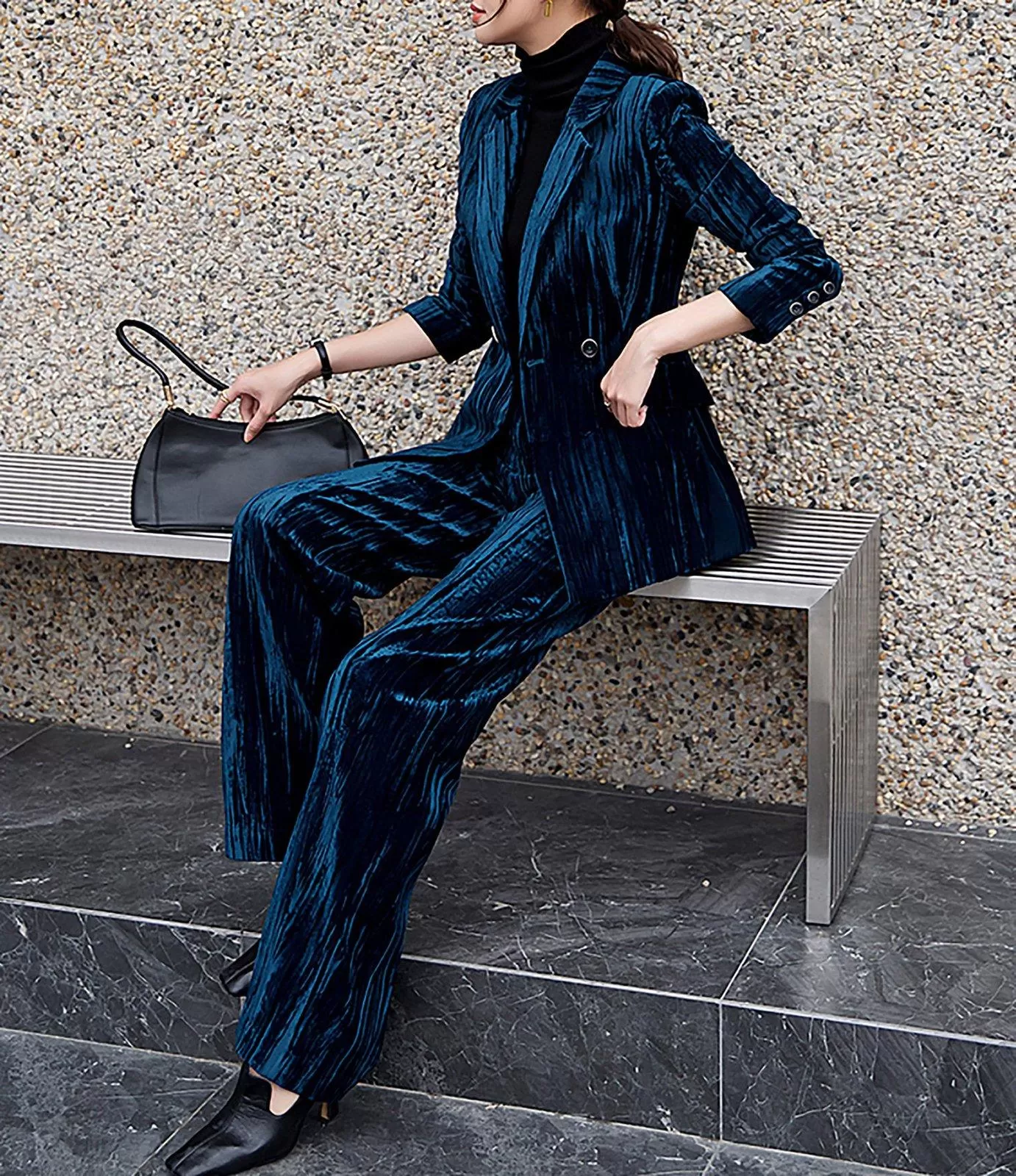 Velvet Two Button Blazer & Flare Pant Suit Set